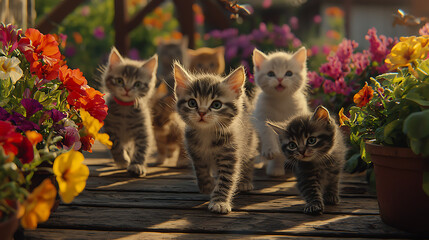 A group of kittens are walking on a wooden bridge