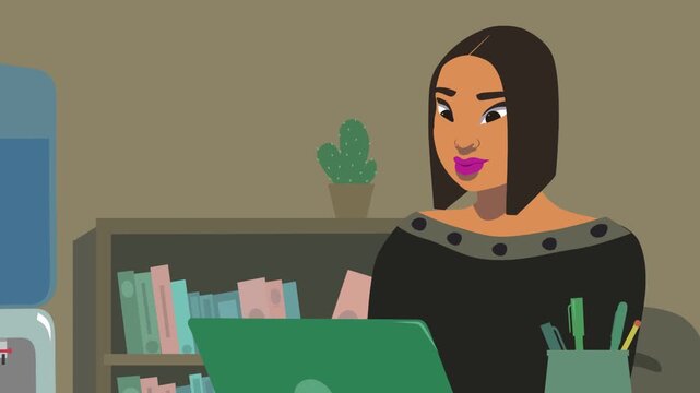 Young beautiful lady in a dark top in front of a laptop in her office typing attentively, with a waterbottle in the background and bookshelf with cactus ontop 