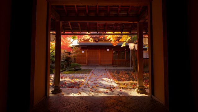 Traditional japanese garden pathway with autumn foliage and wooden gate