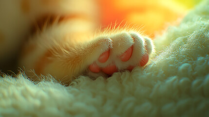 A cat's paw is resting on a blanket