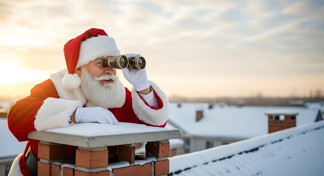 Santa Claus Looking Through Binoculars on Snowy Roof