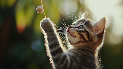 A kitten is playing with a toy, and it is looking up at the camera