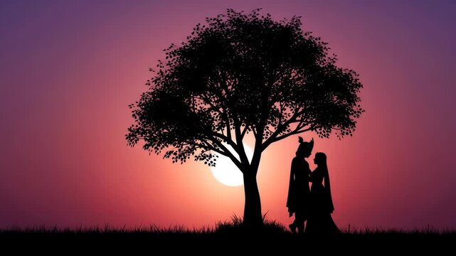 Silhouette of Radha Krishna under a Tree at Sunset, Celebrating Indian Festivals Navratri Dev Deepavali Janmashtami Radhashtami Lathmar Holi Jhulan Yatra Raas Leela Sharad Purnima Govardhan Puja