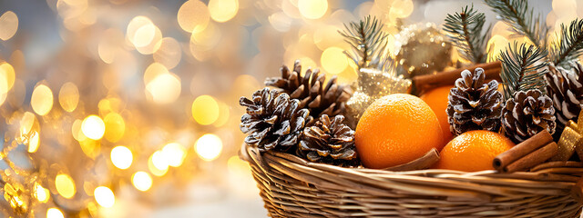 A wicker basket filled with oranges, fir branches, and pine cones stands against a backdrop of golden bokeh lights, creating a festive New Year's composition for winter designs and banners