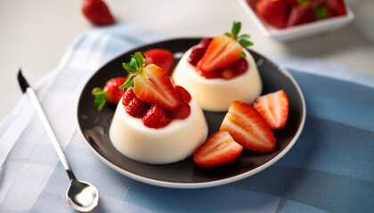 Silky Panna Cotta With Strawberries And Creamy Yogurt Served With Seasonal Fruits Beautifully Composed For Editorial Use In Food Magazines Health Columns Or Gourmet Recipe Features