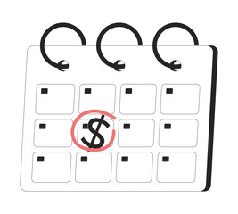 Marked calendar with dollar sign 2D line object. Financial deadline. Encircled payday date calender. Money schedule. Tax payment isolated clipart vector ink outline item. Monochrome spot illustration