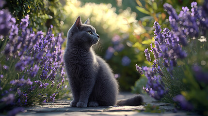 A grey cat is sitting in a garden with purple flowers