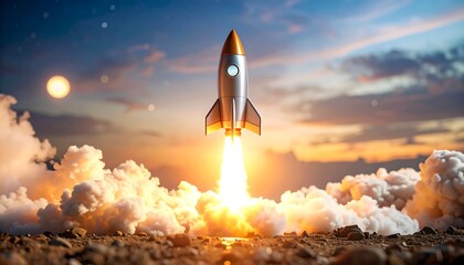 Rocket Taking Off at Sunset with Fiery Exhaust and Dramatic Sky