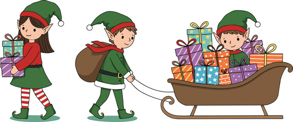 Christmas elves carrying gifts, holiday elves with presents, festive elf sleigh full of boxes, cute Christmas characters, holiday celebration illustration