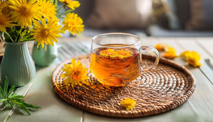 Bright Herbal Tea With Flowers In A Cozy Indoor Setting Near A Vase Of Yellow Blooms On A Woven Placemat