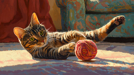 A cat is laying on the floor with a ball of yarn in its paws