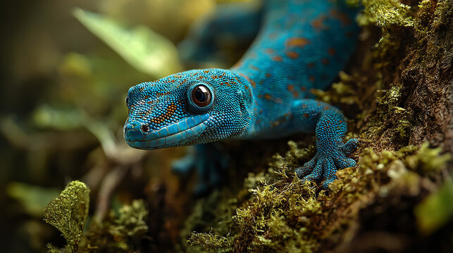Vibrant blue gecko in a lush tropical rainforest, detailed close-up, high-resolution, realistic textures, natural lighting, exotic wildlife photography