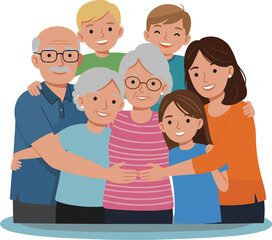 Happy multigenerational family portrait, grandparents with children and grandchildren, smiling together, family love, bonding, unity, generations, home happiness, lifestyle, support, togetherness