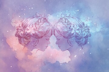Gemini twins constellation in a dreamy pastel sky, watercolor style, duality theme