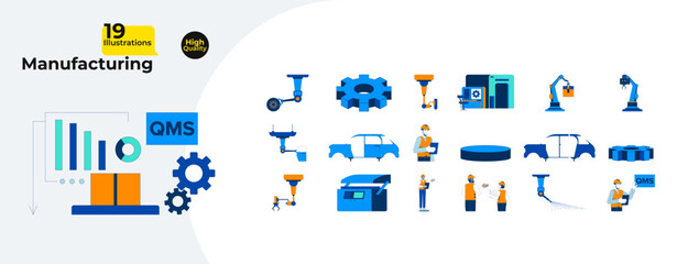 Manufacturing and industrial production process cartoon flat illustrations mega bundle. QMS, automotive. Diverse factory workers 2D images isolated on white. Collection vector drawings colorful