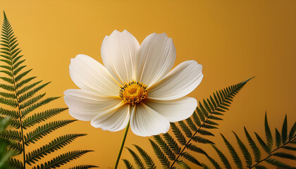 White Cosmos Flower With A Yellow Center And Fern Like Leaves On A Soft Yellow Background