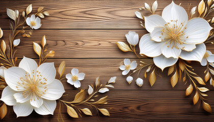 White Flowers With Golden Accents On Textured Wooden Background Delicate Petals Intricate Floral Branches Create Elegant Design Illustration Suits Spring Summer Themes Invitations Decorative