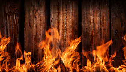 Intense Fire Flames Over Rustic Wooden Background For Dramatic Effect