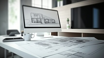 Architect house project concept, desktop computer on white work desk showing CAD sketch, minimalistic living room interior design in background 