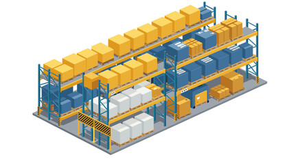 Obraz premium Isometric warehouse storage solution with shelves and boxes
