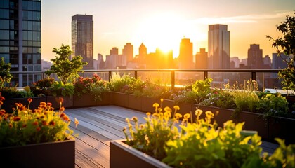 Rooftop Garden with City Skyline at Sunset Peaceful Evening View