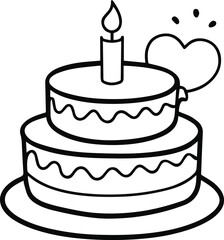 Simple hand drawn outline of a two tier birthday cake with a single lit candle and a heart decoration