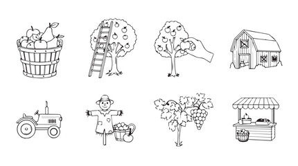 Charming hand-drawn farm icons collection featuring tractor barn scarecrow and fruit trees vector