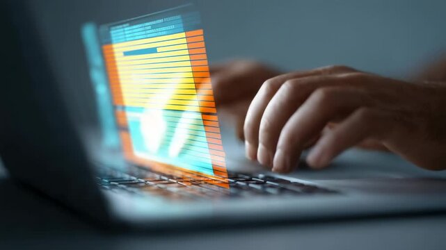 Programmer's hands swiftly typing on laptop keyboard, revealing holographic code display with stylized flame symbolizing technological innovation and rapid development