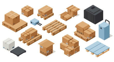 Fototapeta premium Isometric cardboard boxes and pallet collection for packaging and shipping