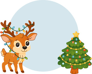 Christmas reindeer with lights and decorated tree