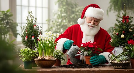 Santa Watering Plant Poinsettia Christmas