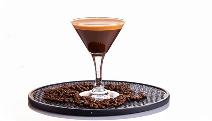 Espresso Martini Cocktail In Glass Served Under Rubber Holder With Spilled Coffee Beans Isolated On Round Table