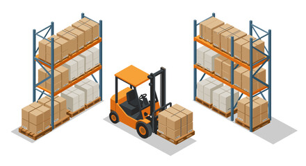 Isometric warehouse scene with forklift and stacked shelves of boxes