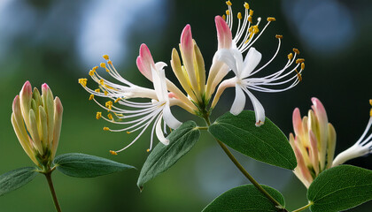 Etruskisches Geissblatt Lonicera Etrusca Mit Rohrenformige Bluttenstand Weiss Rosa Gelblich Rosa Gelb Weiss In Der Oberen Stangel Mit Eiformig Und Elliptisch Blaugrun Blatter Behaart
