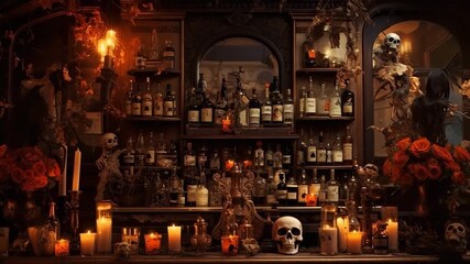 Halloween themed bar scene featuring eerie decorations, flickering candles, and a collection of spirits, creating a haunting atmosphere filled with mystery and intrigue