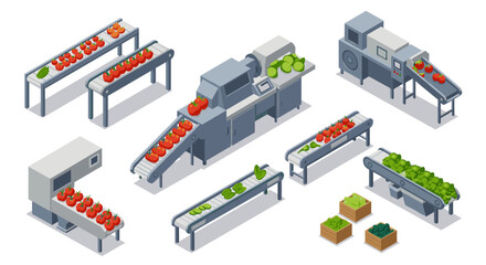 Obraz premium Isometric food processing factory with conveyor belts and fresh produce