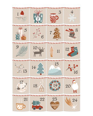 Happy Holidays pocket advent calendar with different Christmas symbols for your design. Scandinavian style. Vector illustration.