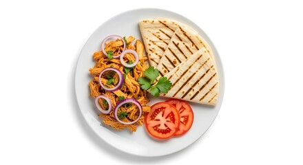 Enjoy flavorful pulled chicken with grilled flatbread, fresh red onions, and vibrant tomato slices served on a white plate for a delicious meal
