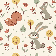 Seamless Floral Pattern with Rabbits Vector Illustration

