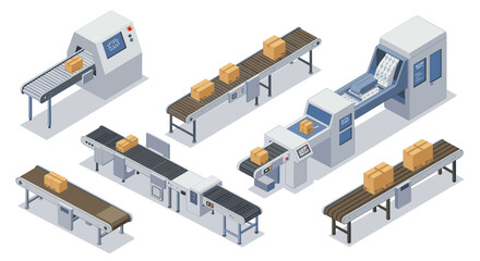 Obraz premium Isometric conveyor system with cardboard boxes on automated assembly line equipment