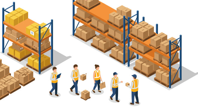 Warehouse workers organizing packages and shelves isometric view of logistics operations