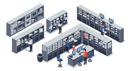Isometric office archive with employees sorting files and documents