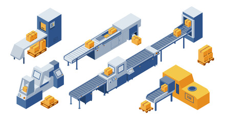 Obraz premium Automated warehouse system conveyor with package boxes in isometric style