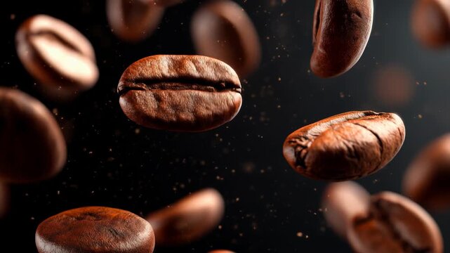 Dynamic sequence of coffee beans floating in mid-air, highlighting their rich textures and vibrant colors, creating an engaging visual experience