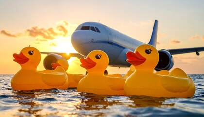 Rubber Ducks Floating with Airplane at Sunset on Ocean