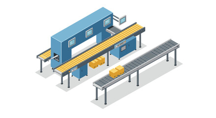 Isometric automated conveyor system with cardboard boxes in a modern warehouse setting