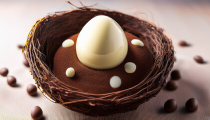 Close Up Of White Chocolate Egg Placed In A Chocolate Nest On Top Of A Mousse Basket Holiday Easter Mousse Dessert