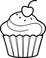 Simple outline drawing of a delicious cupcake with cherry on top and sprinkles