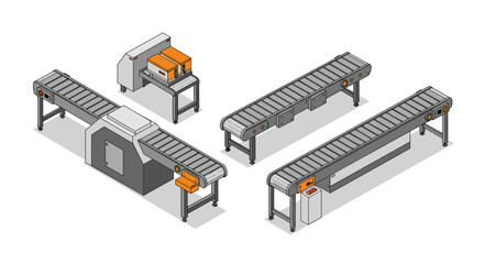 Obraz premium Isometric conveyor belt system with packaging machines and industrial components