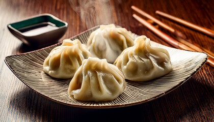 Steaming Dumplings On Patterned Plate With Chopsticks In Restaurant Setting